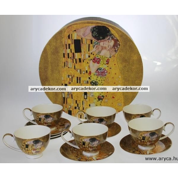 Porcelán csésze és csészealj szett, 6db, Klimt, barna