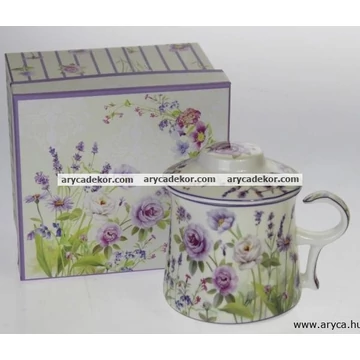 Levendulás porcelán csésze szűrővel és fedéllel