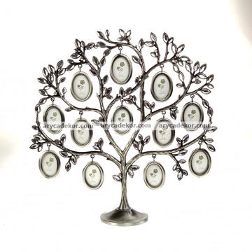 Családfa keret, 12db 4x5 cm-es kép, ezüst, 30x30 cm
