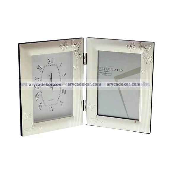 Silver dupla fényképtartó órával 10x15 cm