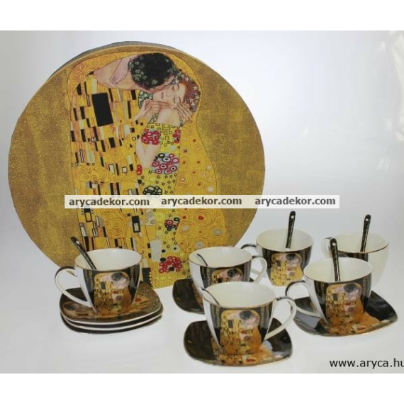 Porcelán csészék kiskanállal, díszdobozban Klimt, fekete 