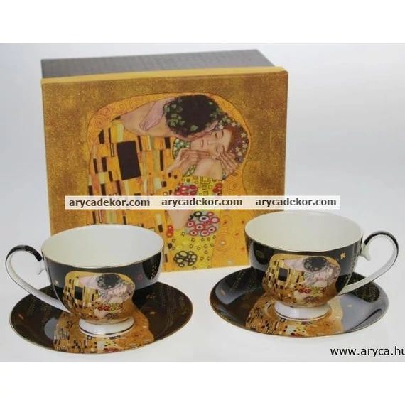 Porcelán csésze és csészealj szett, 2db, Klimt, fekete 