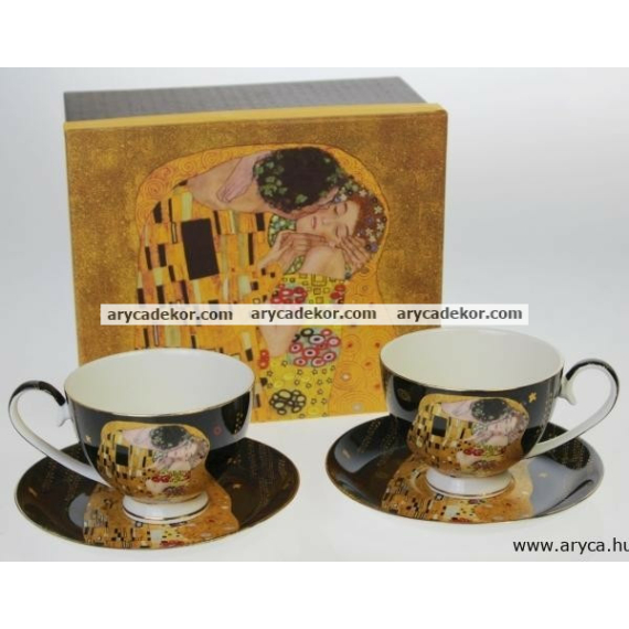 Porcelán csésze és csészealj szett, 2db, Klimt, fekete 