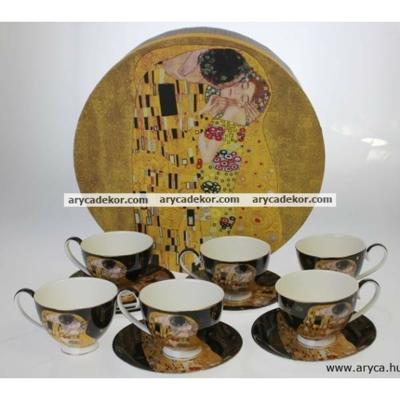 Porcelán csésze és csészealj szett, 6db, Klimt, fekete