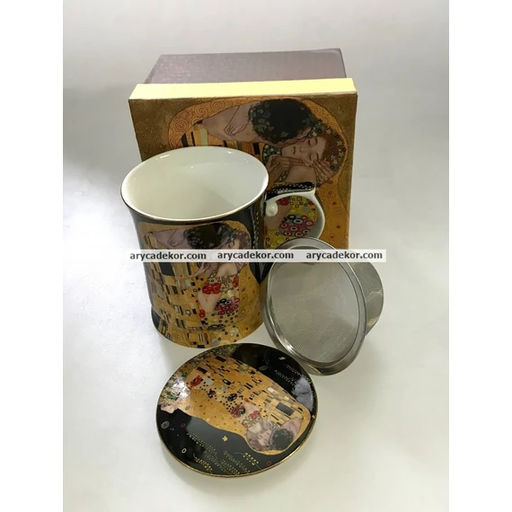 Porcelán csésze szűrővel és fedéllel, Klimt, fekete 