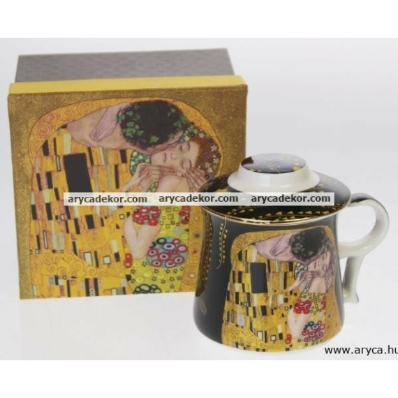 Porcelán csésze szűrővel és fedéllel, Klimt, fekete 