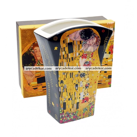 Porcelán váza ívelt, díszdobozban, Klimt, fekete 