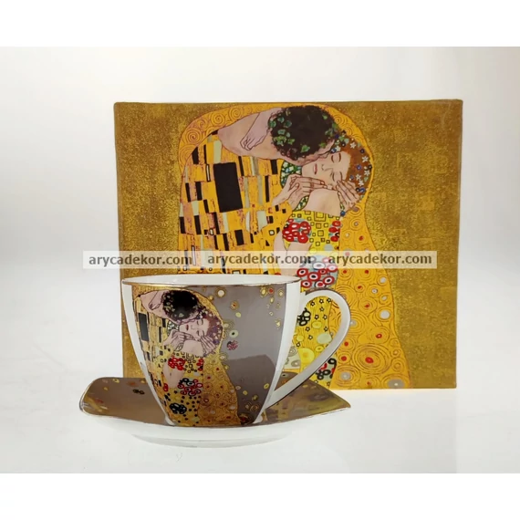 Porcelán bögre alátéttel szürke Klimt mintával 250 ml