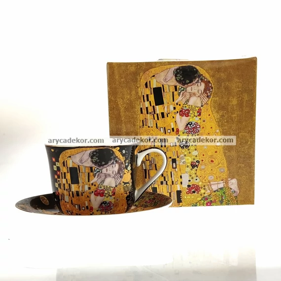 Porcelán bögre alátéttel, fekete Klimt mintával 500 ml