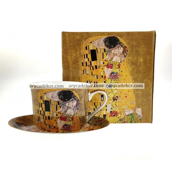 Porcelán bögre alátéttel, Klimt mintával 500 ml