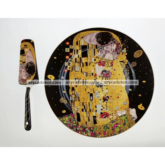 Porcelán tányér torta kanállal fekete Klimt mintával