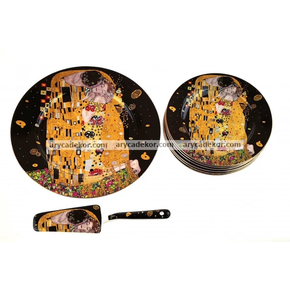 Porcelán tányér készlet torta kanállal fekete Klimt mintával (1 db 27 cm + 6 db 19 cm-es tányér)