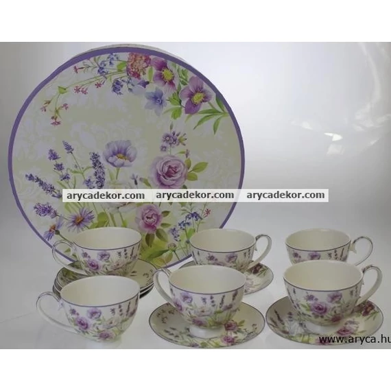 Levendulás porcelán csésze és csészealj szett, 6db.