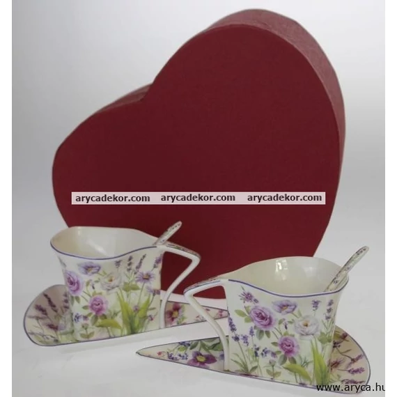 Levendulás porcelán csésze és csészealj kiskanállal, 2db.