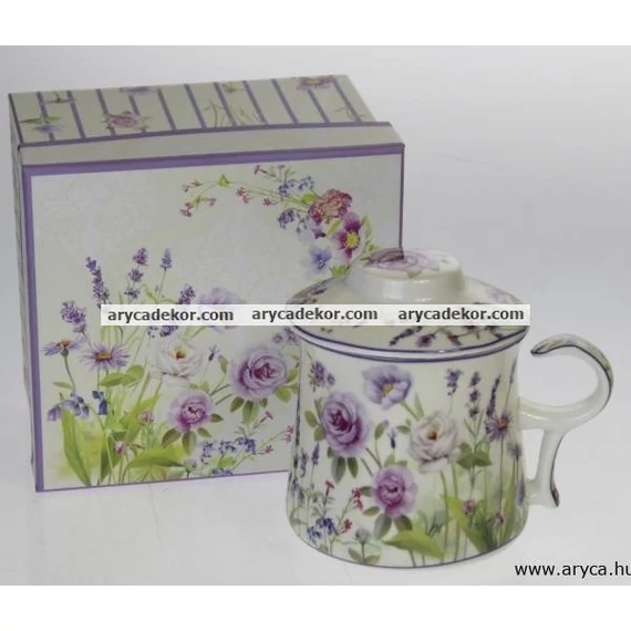 Levendulás porcelán csésze szűrővel és fedéllel