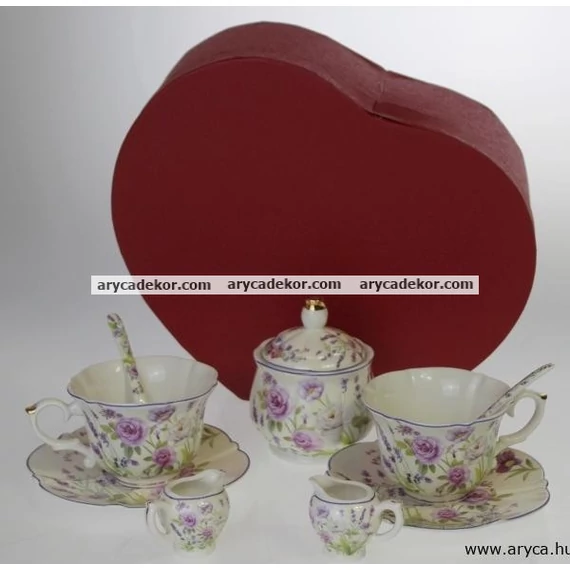 Levendulás porcelán kávés szett, díszdobozban.