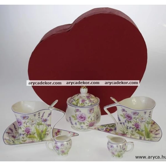 Levendulás porcelán kávés szett, díszdobozban